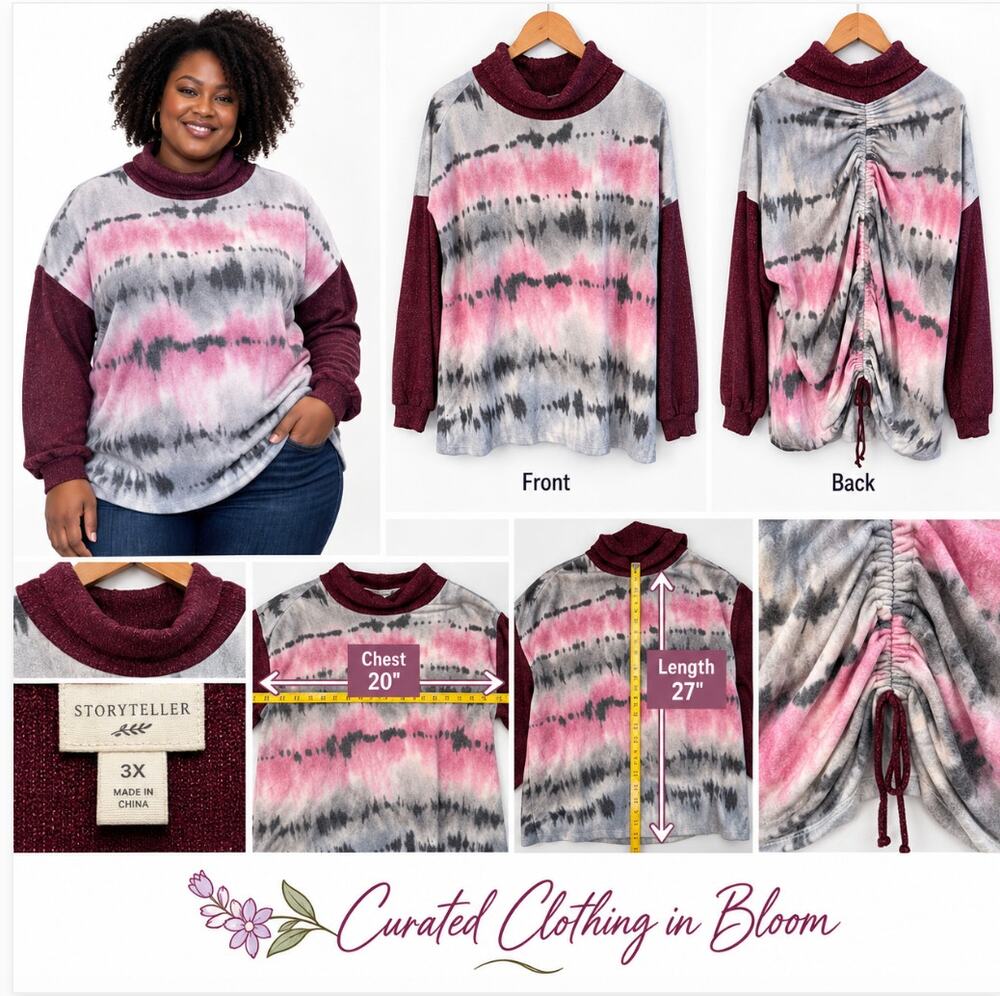 Storyteller Plus Size Burgundy Tie Dye Cowl Neck Top Size 3X
